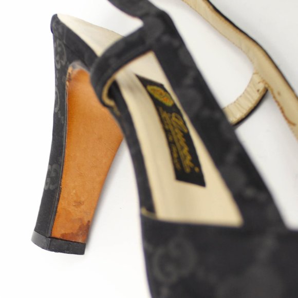 Vintage Gucci Black Fabric GG Monogram Print Slingback High Heels EU 37 Italy - Picture 8 of 12